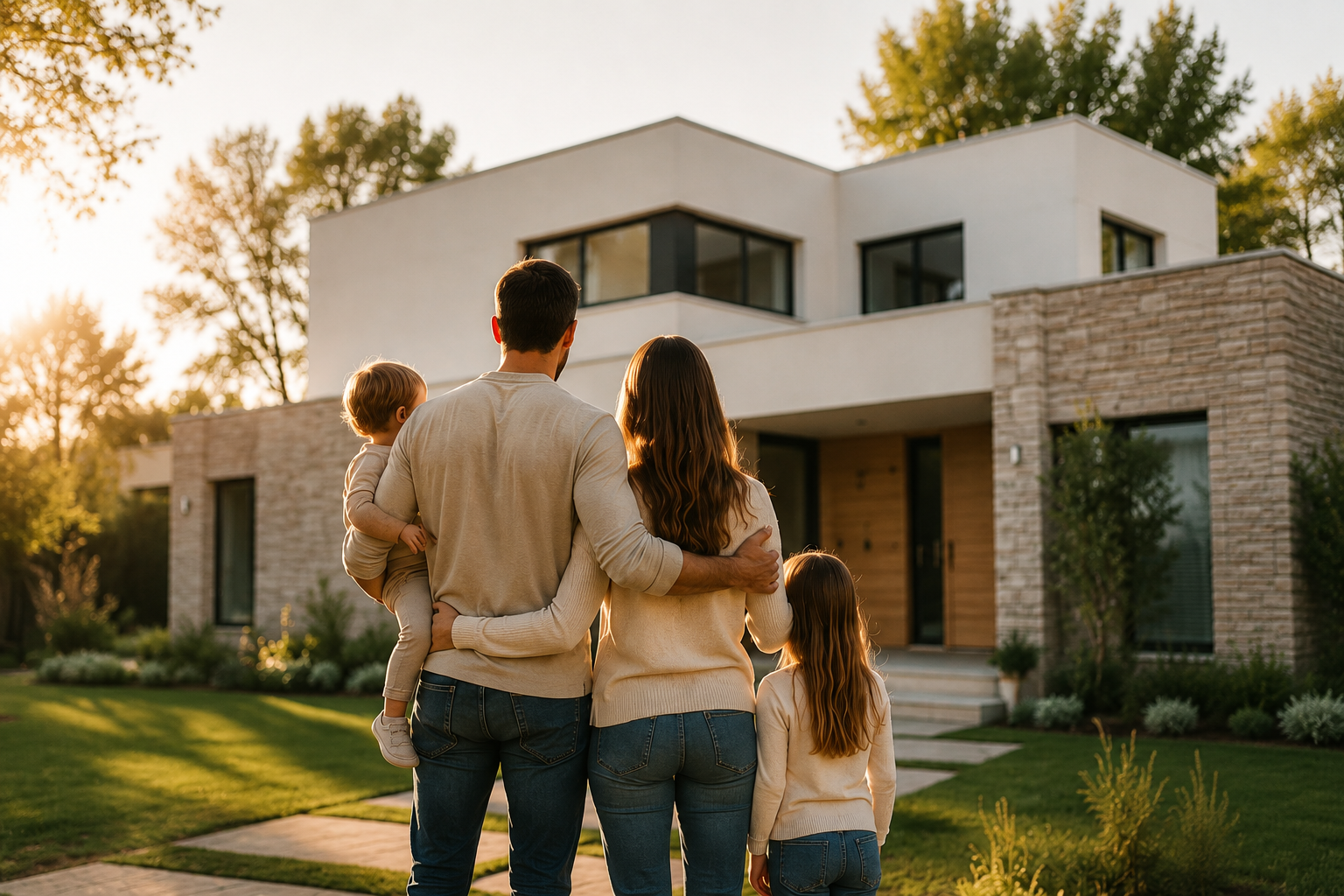 Familia frente a una vivienda moderna